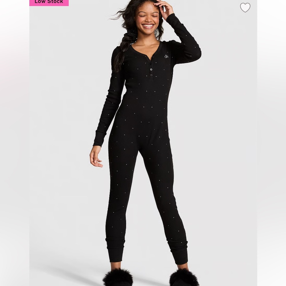 PINK Victoria's Secret Black and diamond Dot Pajama Onesie